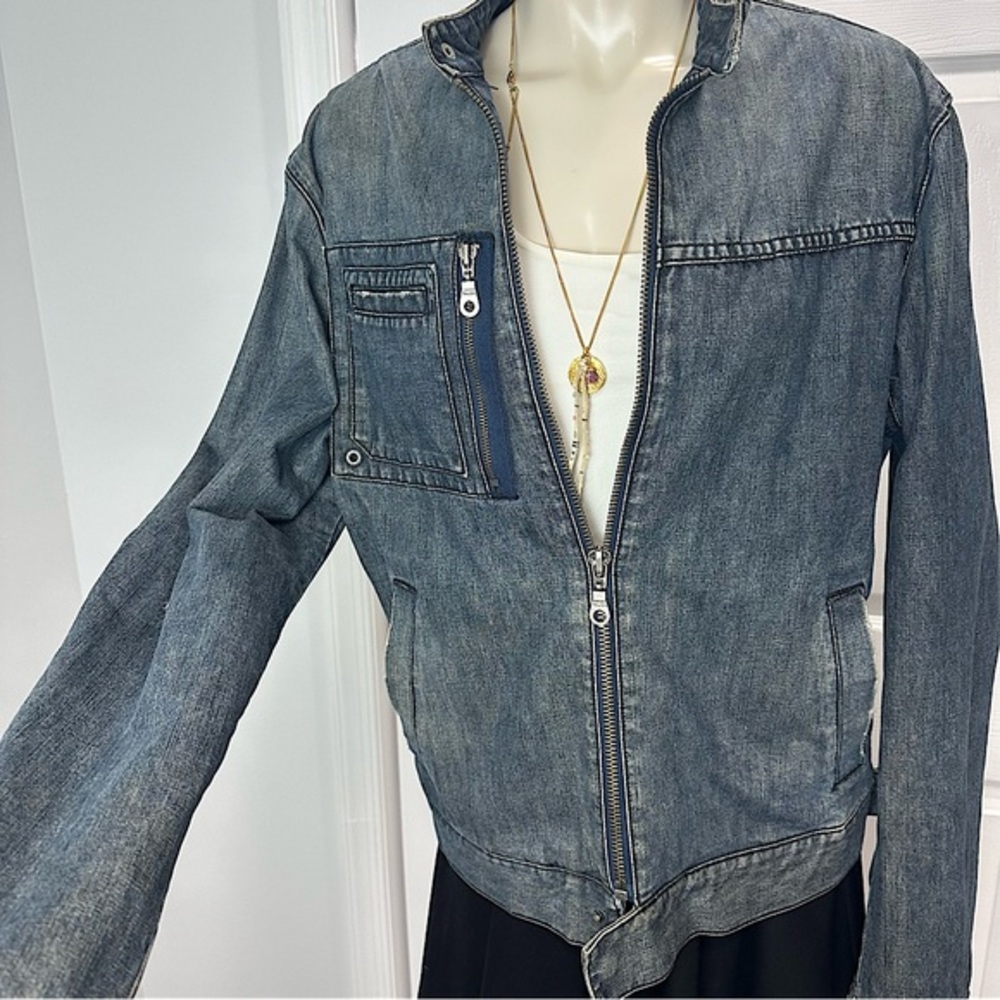 GUESS CAFE RACER jean jacket ZIP FRONT distressed blue denim UNISEX blue jean L
